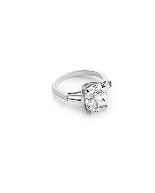 Cushion-Cut Diamond with Tapered Baguette Side Stones in White Gold